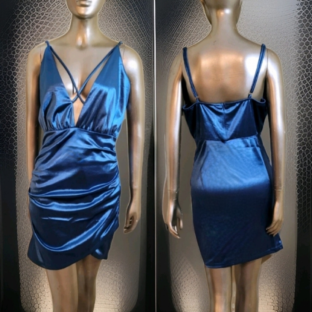 NWT Blue Satin Strappy Plunging Neck Ruched Detail Satin Slip Party Dress Sz L